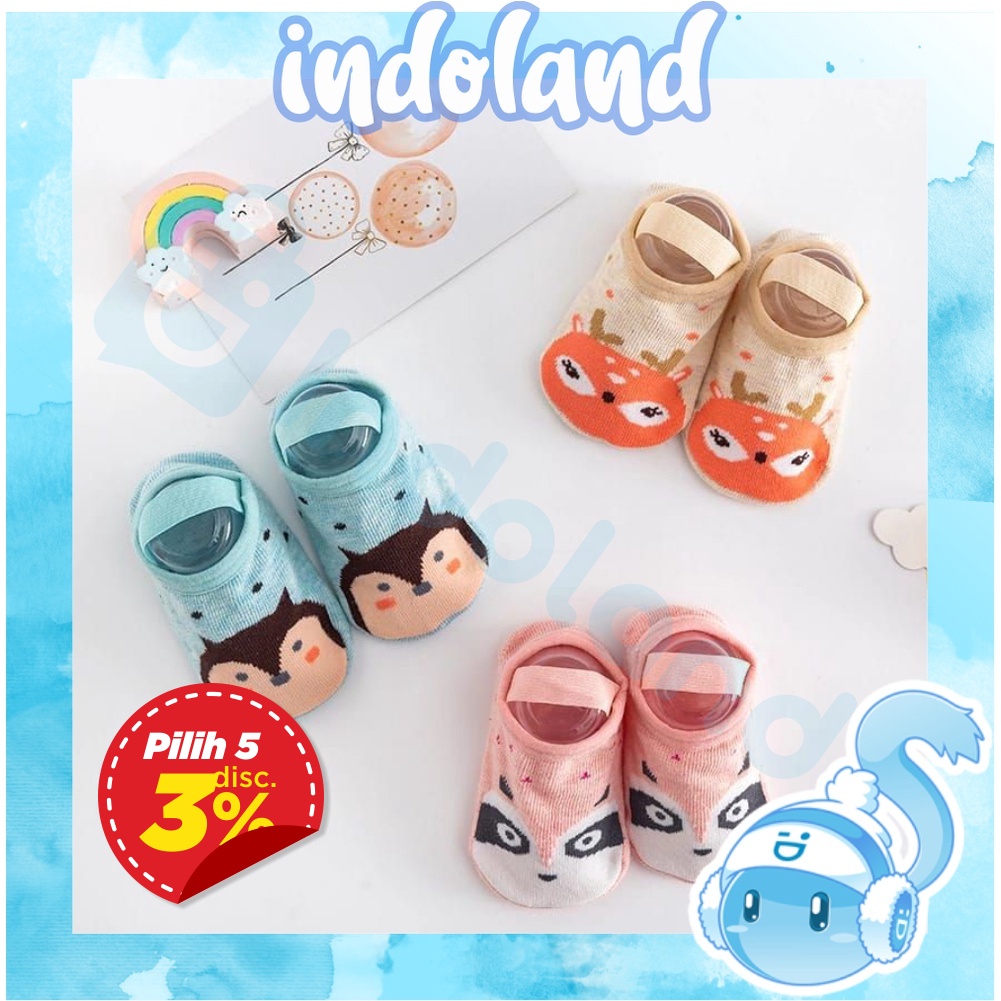 ☀ INDOLAND ☀ R307 Kaos Kaki Ankle Dengan Strap Motif Kartun Hewan Bahan Katun untuk Bayi Import Cod