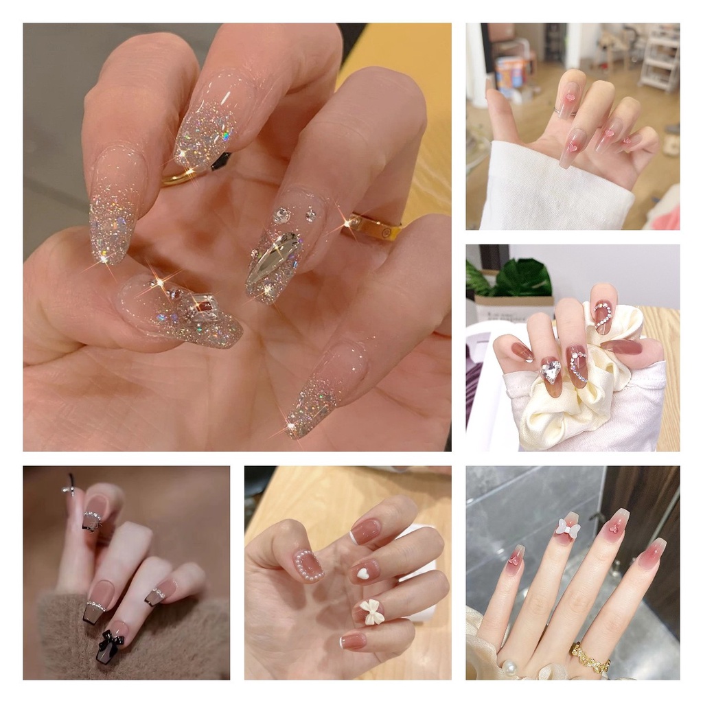 24 Pcs Kuku Palsu Panjang Desain Hati Mutiara Gradien Bahan Akrilik Gaya Perancis Untuk Nail Art