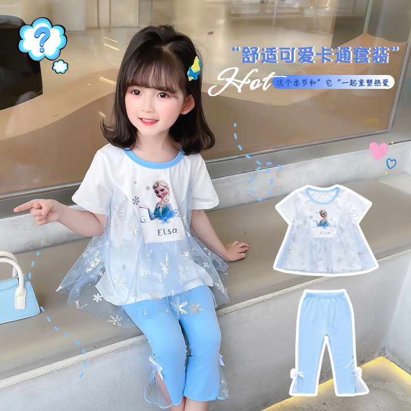 [PRINCESS KESLI] 1-9 tahun Baju anak perempuan kartun Elsa T-shirt/baju bayi perempuan lengan pendek + legging/