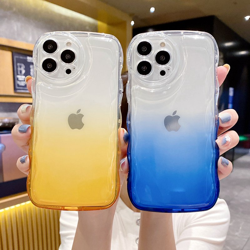 Cassing hp IPhone 7 8 Plus SE 2020 X XR XS Max 11 12 13 14 Pro Max 14 Plus 7 + 8 + Soft Case Desain Gelombang Air Cushion Warna Gradasi Ungu Kuning