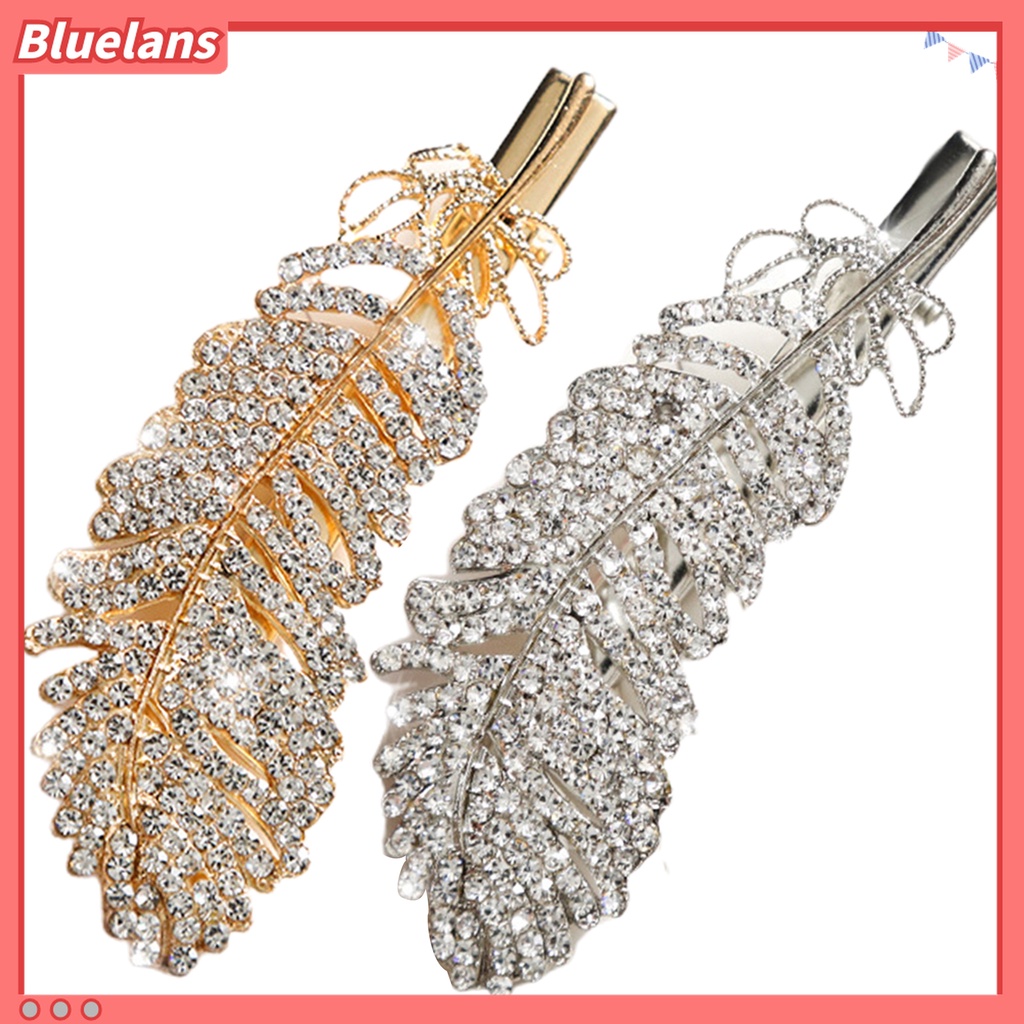 Bluelans Jepit Rambut Bentuk Bulu Aksen Berlian Imitasi Bahan Alloy Untuk Kencan