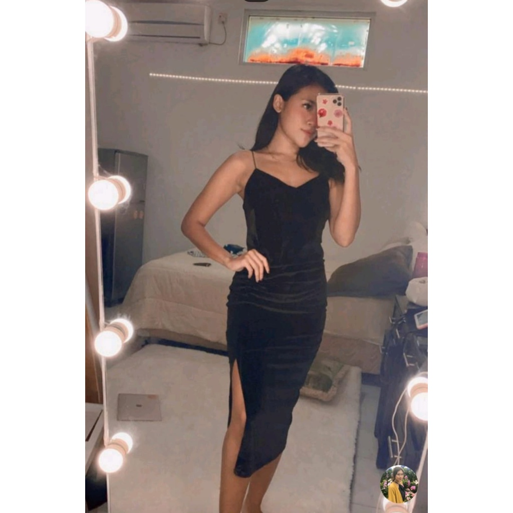 KOREAN MIDI DRESS V NECK BODYCON VELVET/BELUDRU SEXY BELAH BAWAH BLACK HITAM GAUN WANITA PESTA PARTY