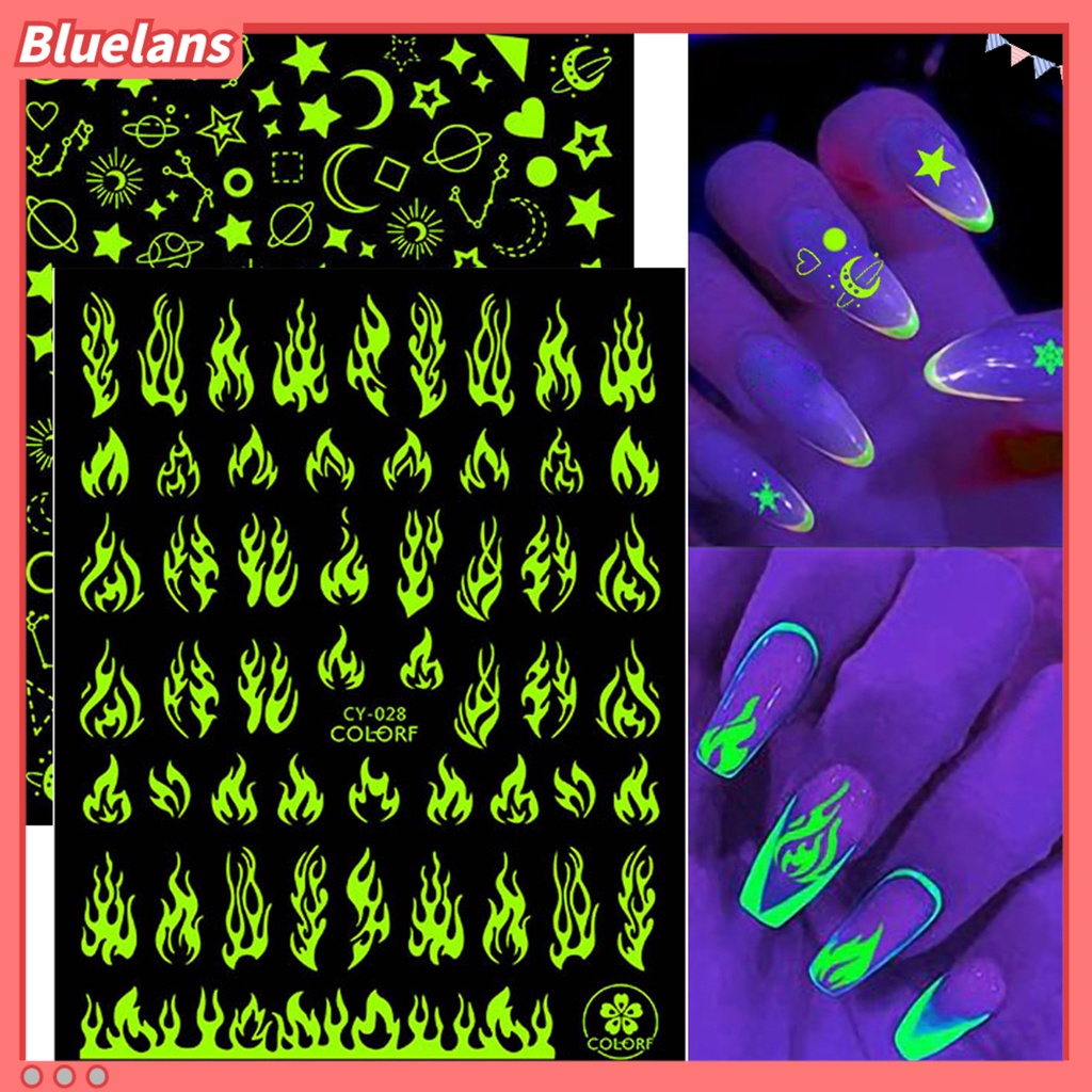 Bluelans Stiker Kuku Efek Fluorescent Glow In The Dark Motif Kupu-Kupu / Bintang Untuk Manicure