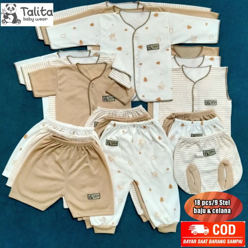 18 PCS Baju Celana Bayi Baru Lahir/9 Stel New Born Seri Coklat