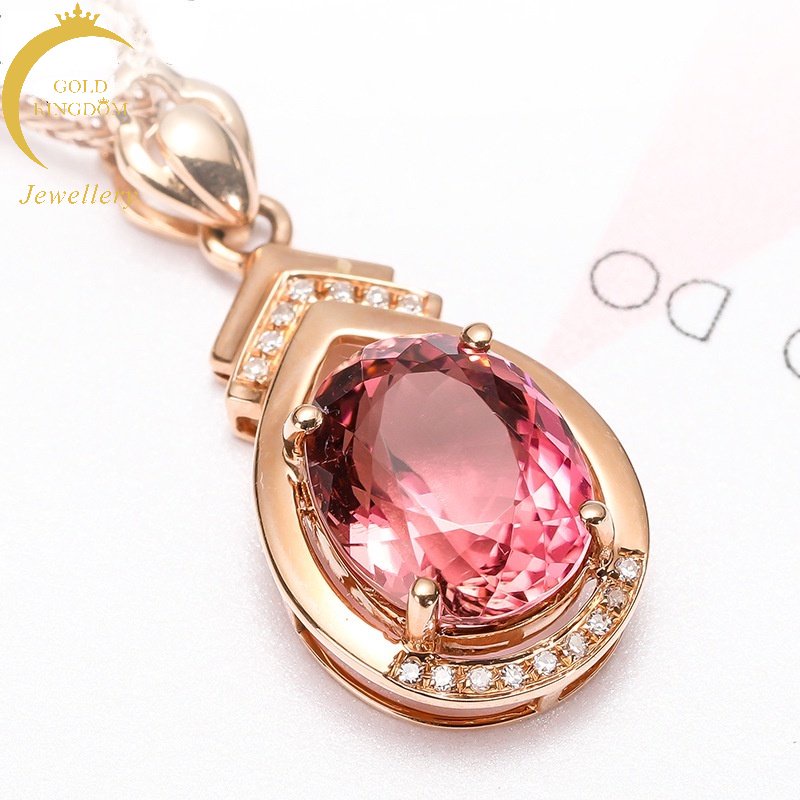 Goldkingdom Fashion Perhiasan 24 K Bangkok Aksesoris Ready Stock Brasil Merah Tourmaline Liontin 18 K Rose Gold Kalung Perempuan Permata Emas Asli Kadar 375 Berlian