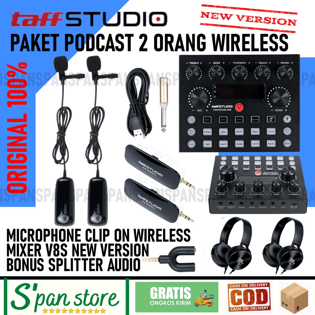 PAKET PODCAST 2 Orang Mic Microphone Wireless Mixer V8 V8 Plus Lengkap