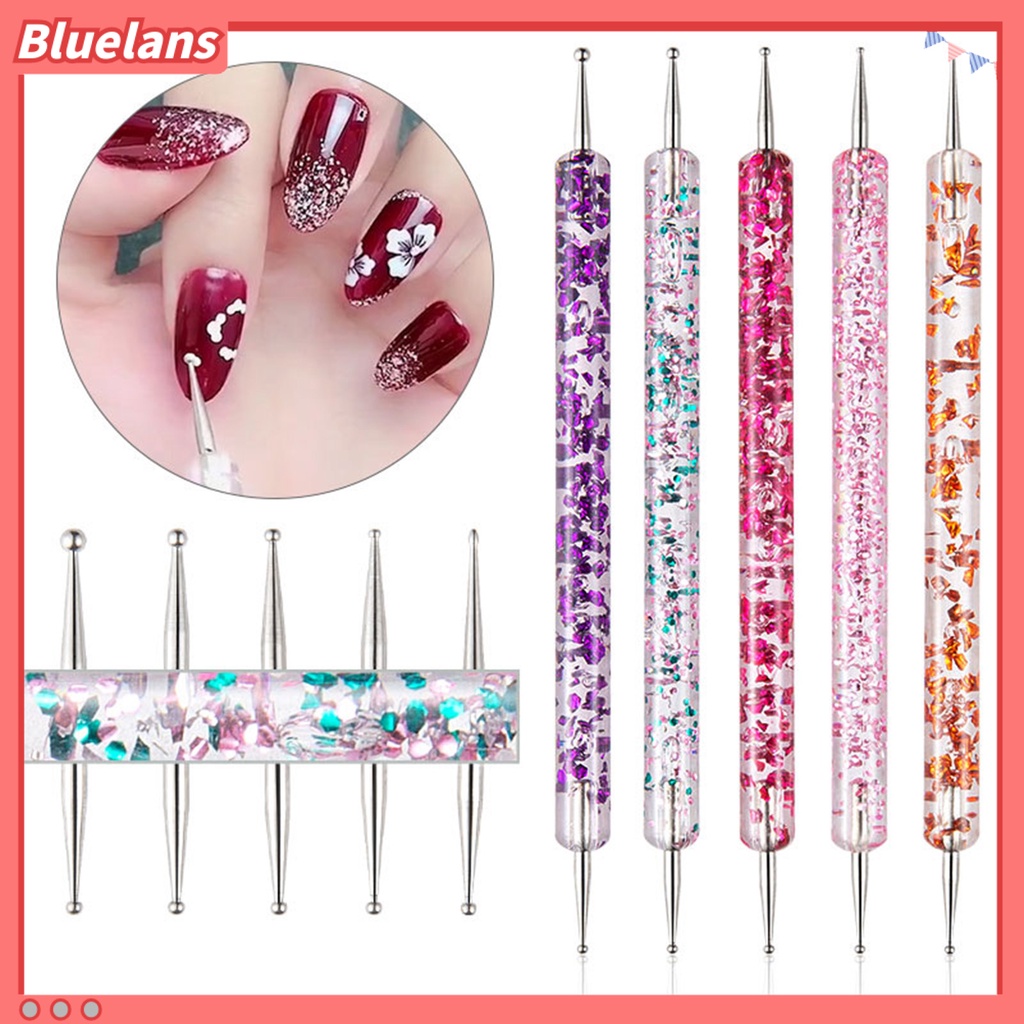 Bluelans 5Pcs / Set Pen Dotting Kepala Ganda Bahan Akrilik UV Gel Untuk Nail Art Manicure