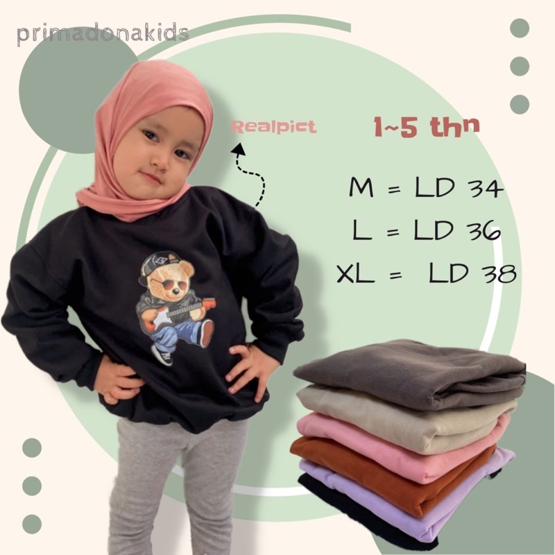 Sweater Crewneck Anak Balita 1-5 thn Motif Guitaris Bear Bahan Pleece Terbaru