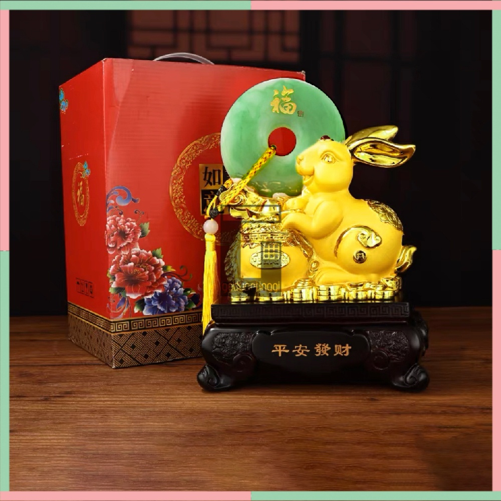 Patung Pajangan Hiasan Dekorasi Kado Hadiah Gift Box Imlek Sincia Fengshui Shio Sio Sheshio Hewan 12 Animal Zodiak Bintang Binatang Hewan Kelinci Rabbit Batu Giok Rejeki Keberuntungan Feng Shui Gold Emas Kuningan Doff Tahun Baru Cina 2023 Besar Jumbo Size