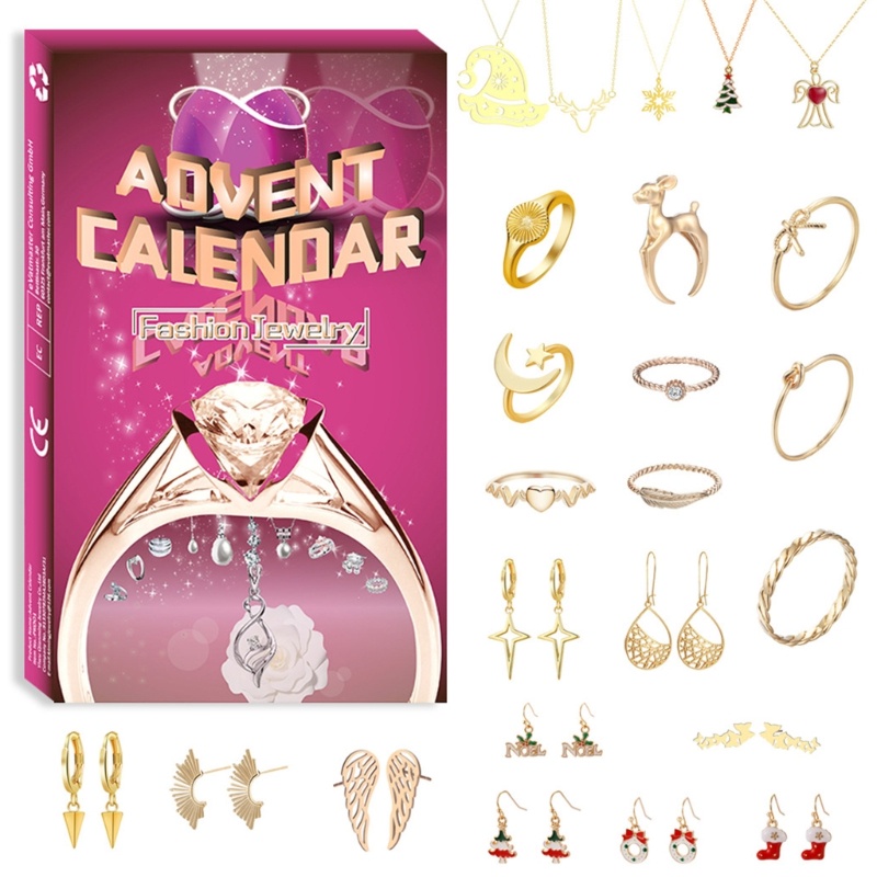 Zzz Set Kalung + Anting + Cincin + Kalender Advent 24 Hari Untuk Natal / Tahun Baru