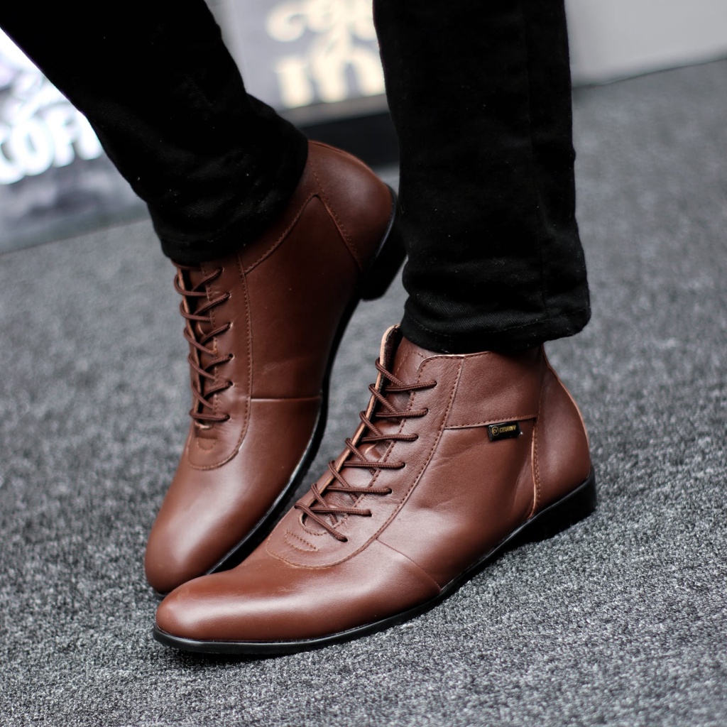 Sepatu Boots Pantofel Formal Kulit Asli Tali Kerja Hitam Pria Abrhm Max