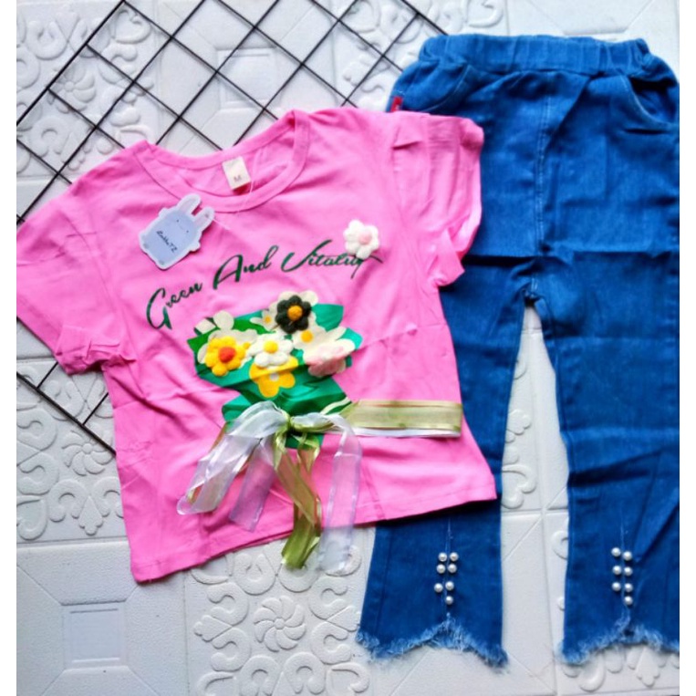 SETELAN CELANA JEANS ANAK PEREMPUAN IMPORT 4-8 TAHUN LENGAN PENDEK / SETELAN ANAK CEWEK IMPORT KOREAN STYLE CELANA JEANS CUTBRAY MUTIARA + BLOUSE PITA