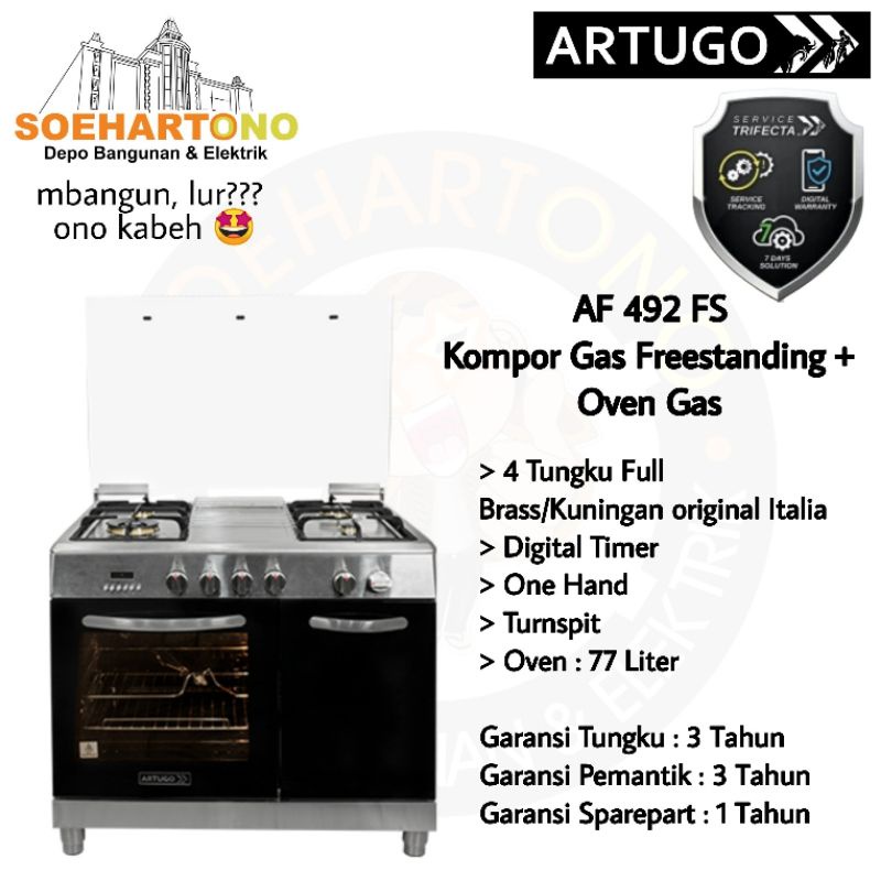 Artugo AF 492 FS Full Kuningan Kompor Gas Freestanding 4 Tungku Full Kuningan plus Oven+Turnspit