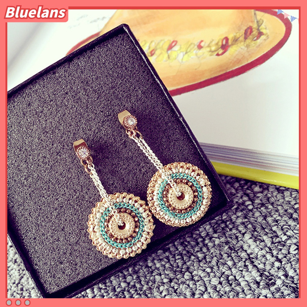 Anting Tusuk Gantung Desain Bulat Hias Berlian Imitasi Gaya Bohemian Handmade Untuk Wanita