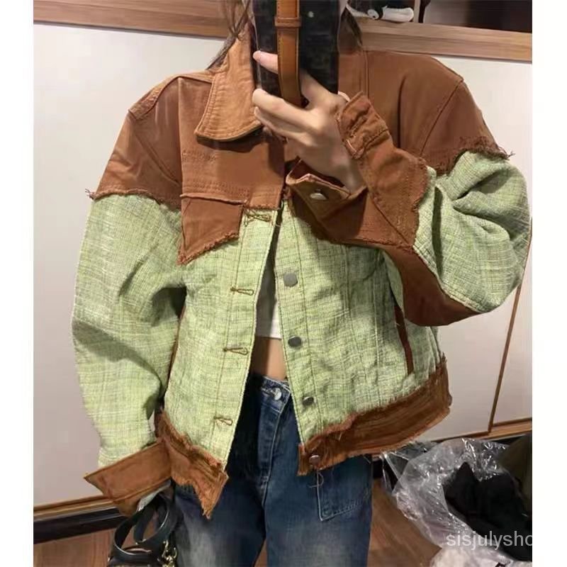 #Sisjuly# Jaket denim jaket wanita baru dupa kecil dupa angin splicing rasa longgar pasang atas