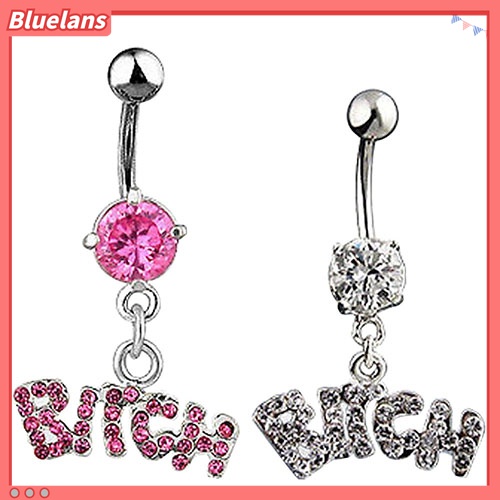 Cincin Tindik Pusar Desain Tulisan Bitch Aksen Kristal Berlian Imitasi Bahan Baja