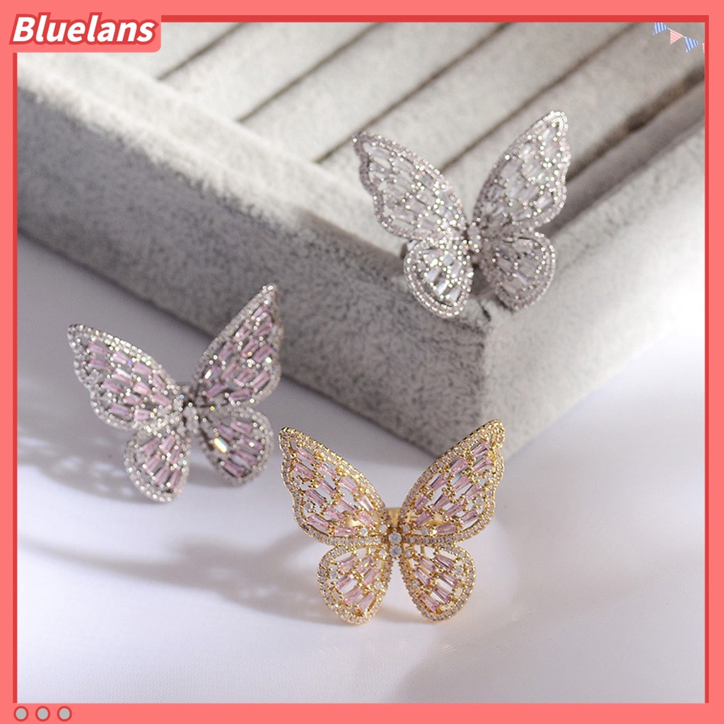 Cincin Model Terbuka Desain Kupu-Kupu Hollow Aksen Berlian Imitasi Untuk Wanita