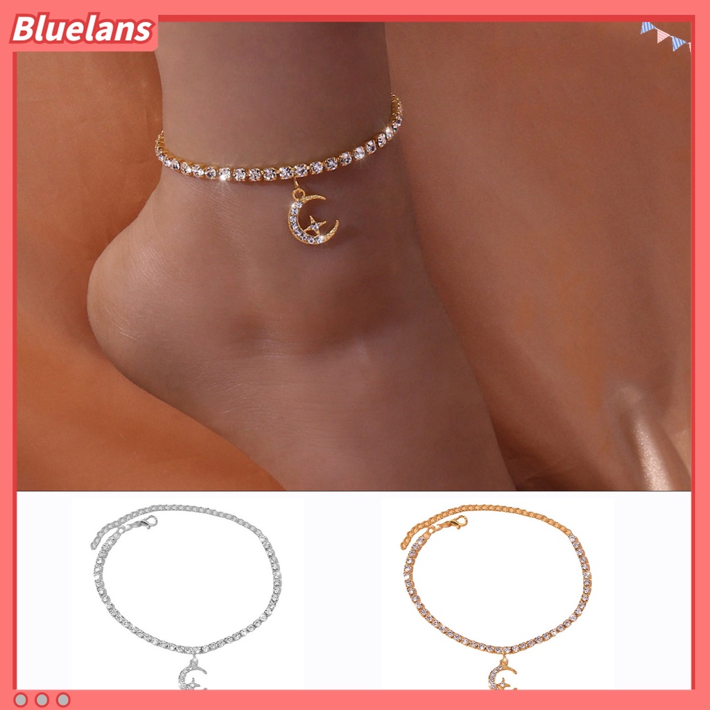 Gelang Kaki Rantai Berlian Imitasi Adjustable Bentuk Bulan Bintang Untuk Wanita