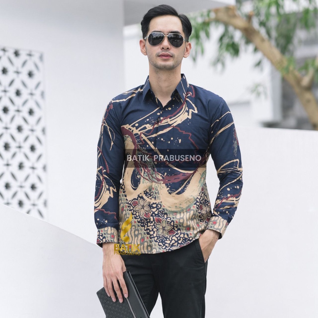 DANAR NAVY HEM KANTOR BATIK PRIA PRABUSENO 100% ORIGINAL BAJU MODERN LENGAN PANJANG SLIMFIT KATUN PR