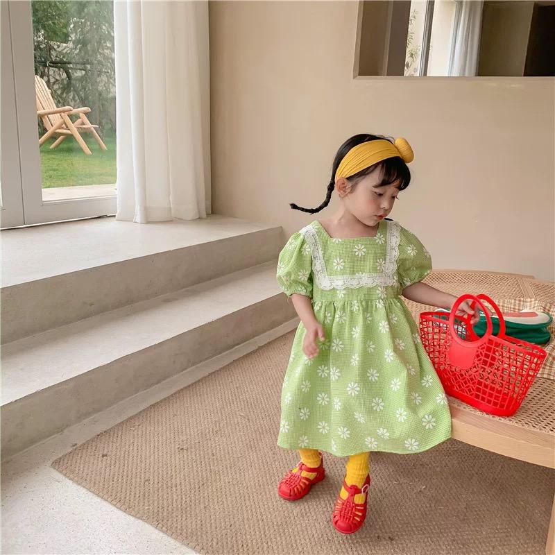 Dress Anak Perempuan Hijau Kotak Bunga Putih Terbaru