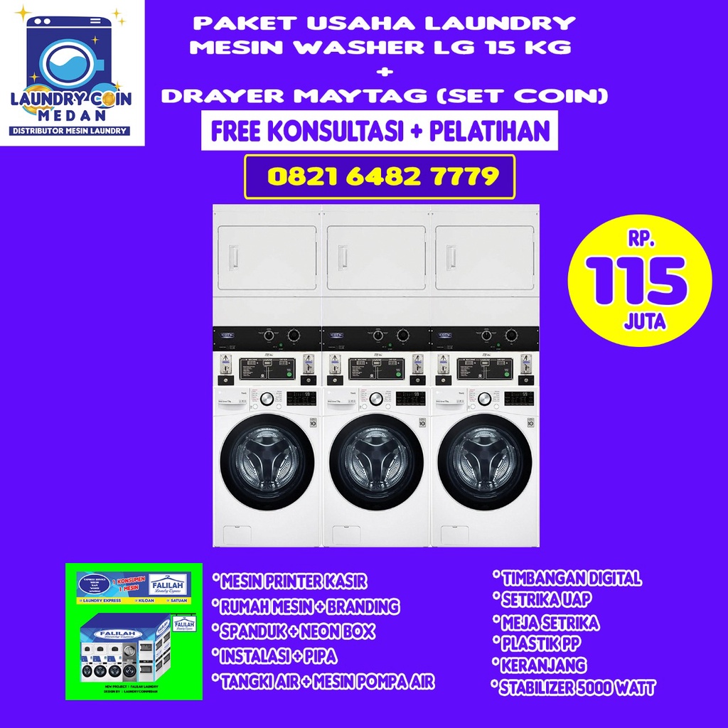PAKET USAHA LAUNDRY // MESIN LAUNDRY MURAH// MEDAN// WASHER LG 15 KG// DRAYER MAYTAG// COIN