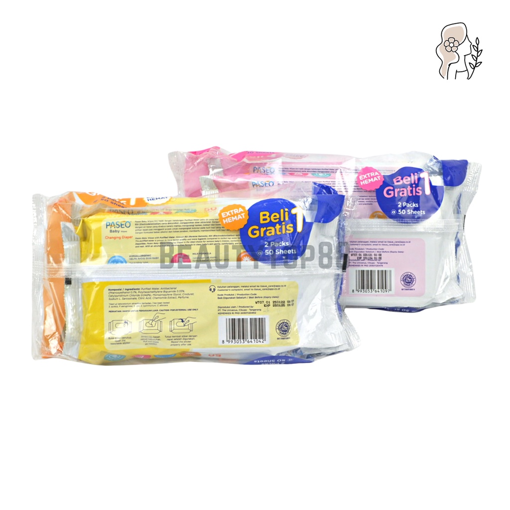 Paseo Baby Wipes Tissue Basah Isi 50 + 50 sheets / Tisu Bayi Besar Changing Diaper Purified Water PROMO Beli 1 Gratis 1