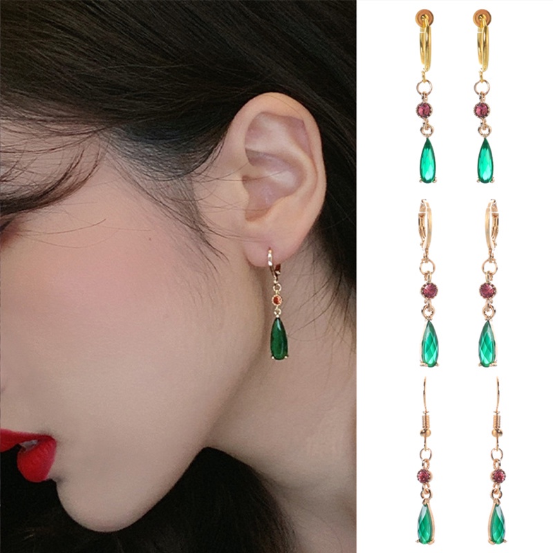 1 Pasang Anting Kait Gantung Wanita Desain Tetesan Air Hias Kristal Hijau Gaya Retro / Elegan / Simple Untuk Pernikahan