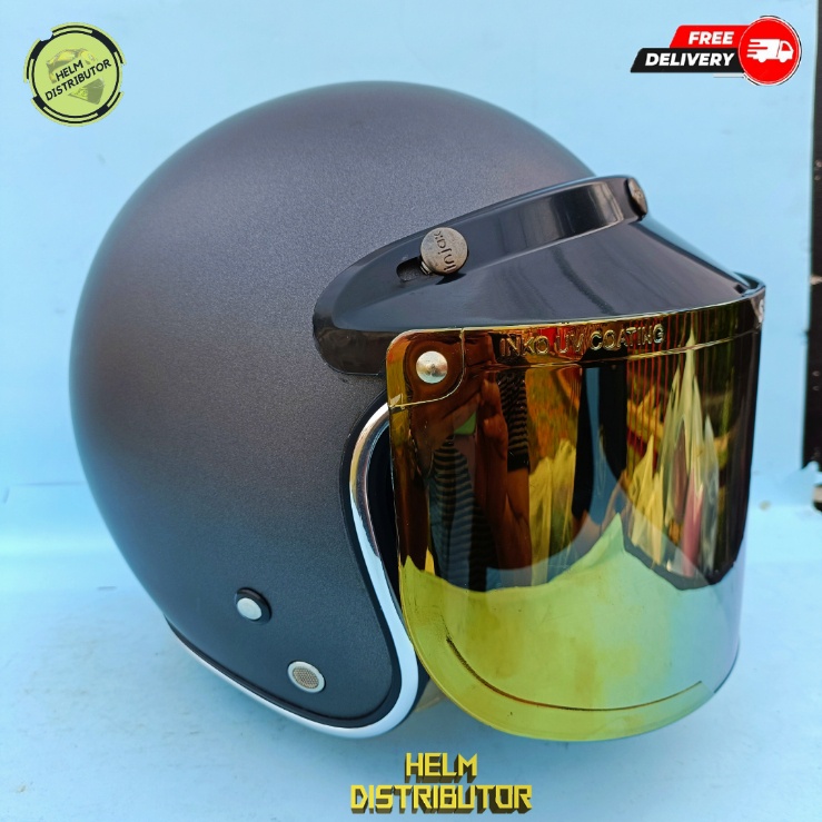 HELM BOGO DEWASA KACA DATAR BIRU DAN GOLD, LIS CHROME KUALITAS PREMIUM, UNTUK PRIA DAN WANITA. COD