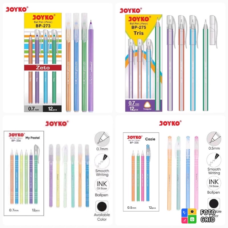 

Pulpen Joyko BP-275 Tris/ BP-273 Zeto / BP-335 Gozie / BP-336 Mypastel (12pcs)