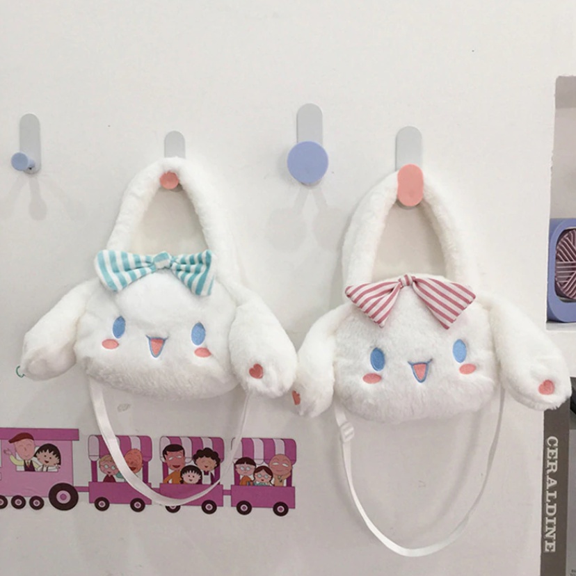 Tas Boneka bulu Sanrio Cinnamoroll Boneka Hewan Tas Tangan Boneka Anime untuk Anak Perempuan Mainan Lembut Kawaii untuk Anak-anak