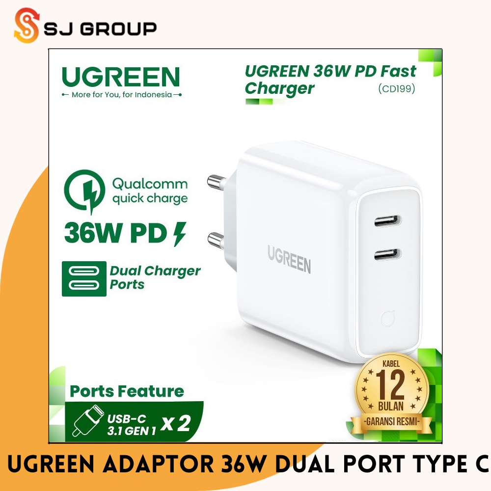 UGREEN Adaptor 36W Dual Port USB Type C Wall Charger Adapter 18W PD QC 3.0
