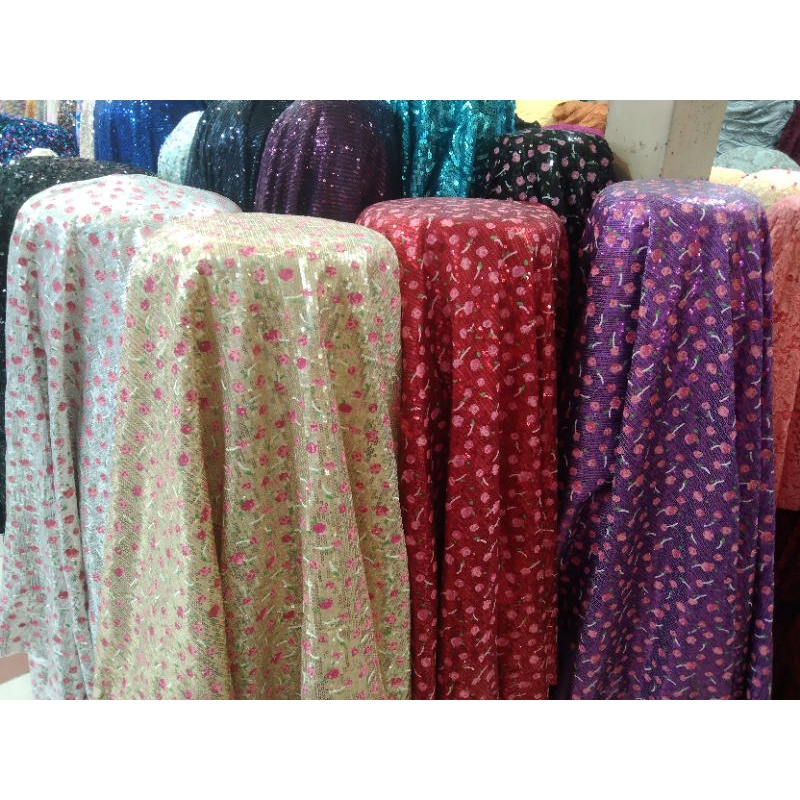 bahan kain satin sequin antik motip bunga