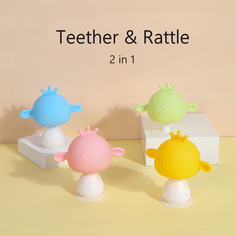 Mainan Gigitan Anak Bayi Rattle Teether Mushroom Jamur Bunyi Bola Kerincingan Silikon Lembut Anak Bayi