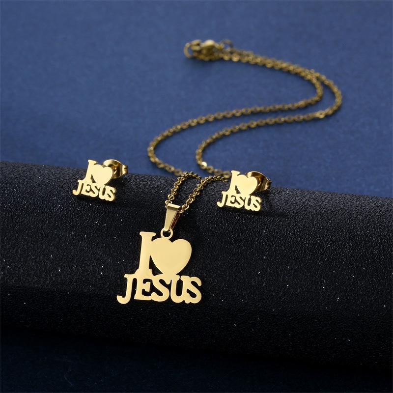 Kalung Anting Jimat Agama Yesus Tulisan i Love Jesus Bahan Stainless Steel S925 Untuk Wanita