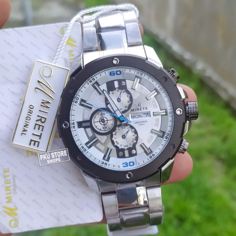 JAM TANGAN PRIA RANTAI STAINLIS STIIL MIRETE WATER RESIATANT 5M / Jam Tangan Pria Anti Air Free Box Jam Tangan Kasual Pria Fitur Tanggal Hari Import Bestsseller Import Ready Stok / Jam Tangan Cowok Mirete Original Analoq Quart Tahan Air Free Box