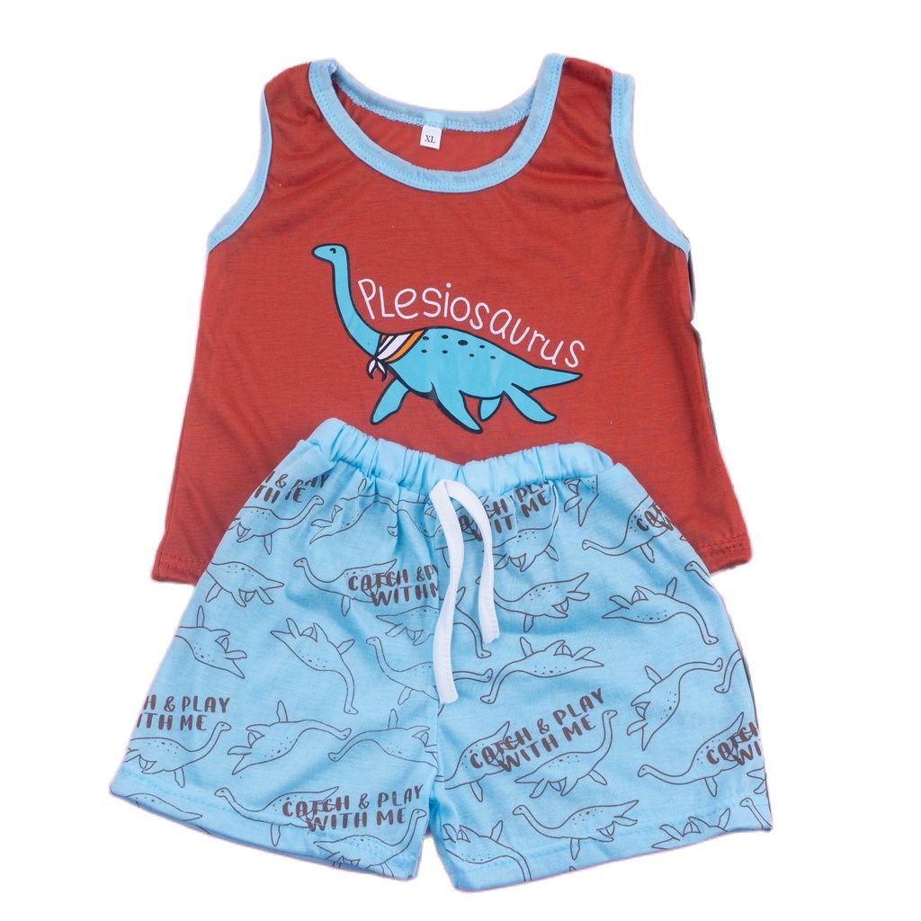 ZASKIYA - SETELAN DINO SET BAJU TIDUR SINGLET ANAK COWOK / SETELAN ANAK SINGLET UNISEX / SLEEVELES DINO SET