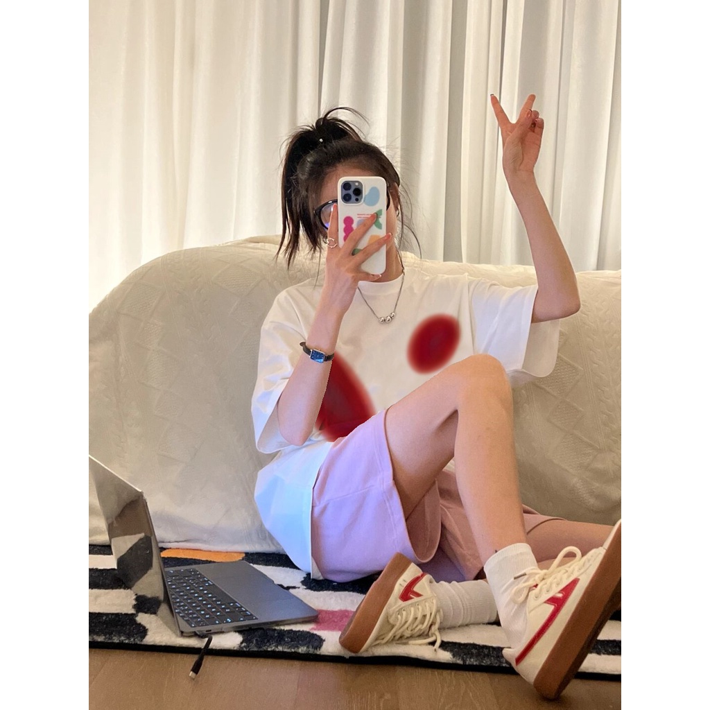 [100%  Katun]Red Round Kaos Putih Atasan Wanita Lengan Pendek Oversize Printed T-shirt Baju Wanita Kekinian Korean Style