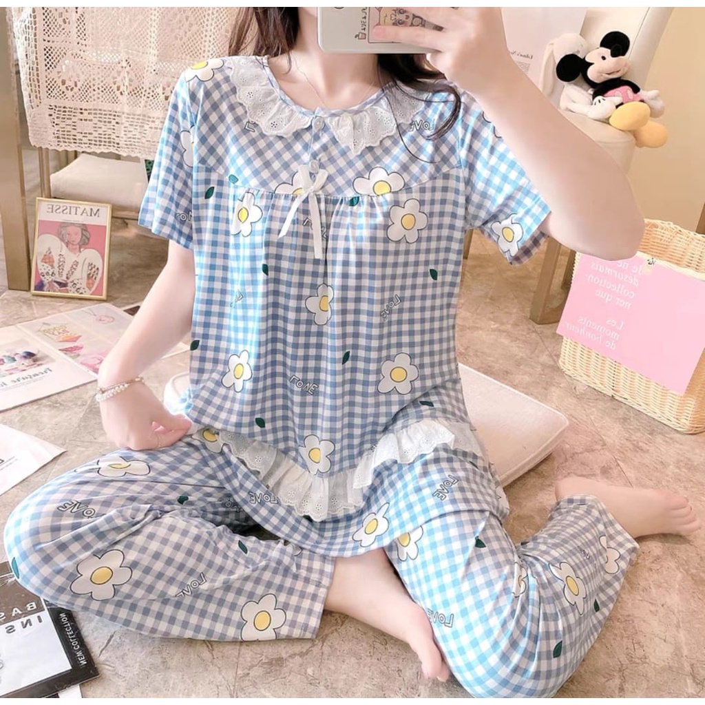 【 Bra Mall 】BM-330 BAJU TIDUR WANITA LENGAN PENDEK CELANA PANJANG PIYAMA IMPORT PAJAMAS