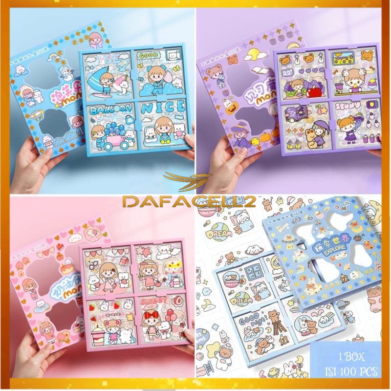

[300gr]( 1 BOX ISI 100PCS) Stiker 2D Sticker botol minum 2D plastik anti air/Buku Diary Stiker Motif/Stiker Anti Air Stiker Motif Kartun Korea Lucu Anti Air Dekorasi Handbook Scrapbook DIY DAFA CELL2