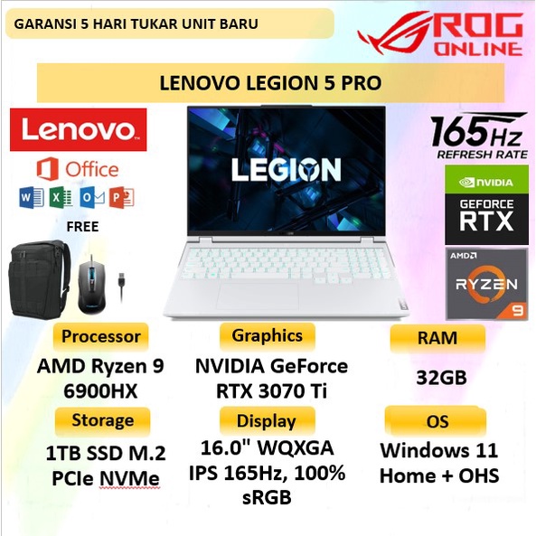 LAPTOP GAMING LENOVO LEGION 5 PRO 16 NVIDIA GEFORCE GRAPHICS RTX3070TI VRAM 8GB AMD RYZEN 9 GEN 6900HX RAM 32GB 1TB SSD WINDOWS 11 HOME + OHS LAYAR 16.0"WQXGA 165HZ 100SRGB BLIT - LAPTOP EDITOR LEGION 5 PRO