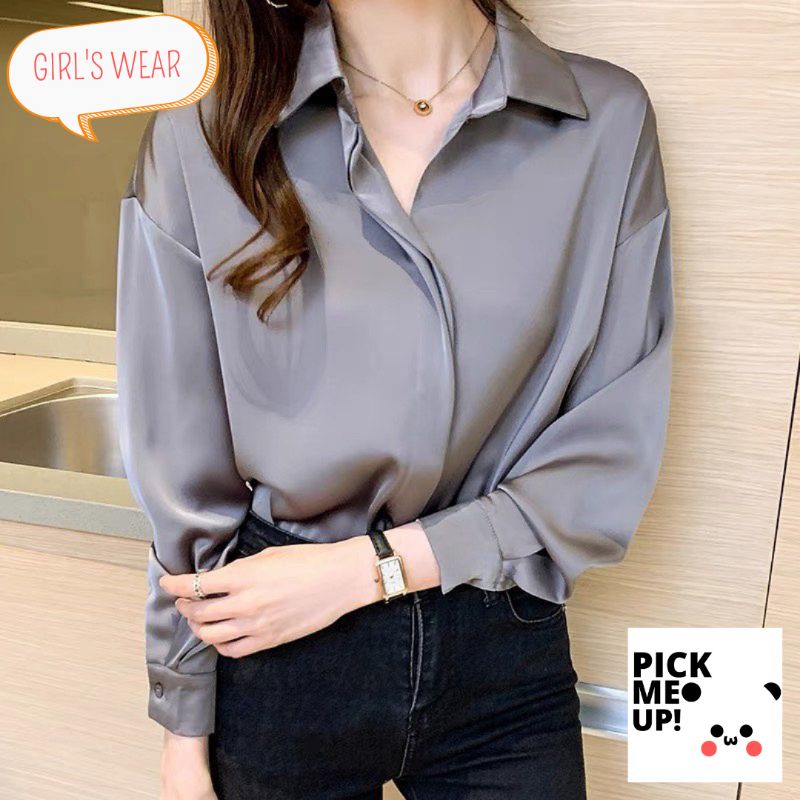 Kemeja Blouse Satin Kerah Wanita Lengan Panjang Polos Kantor atau Kuliah | Woman Top Blouse Shirt Te