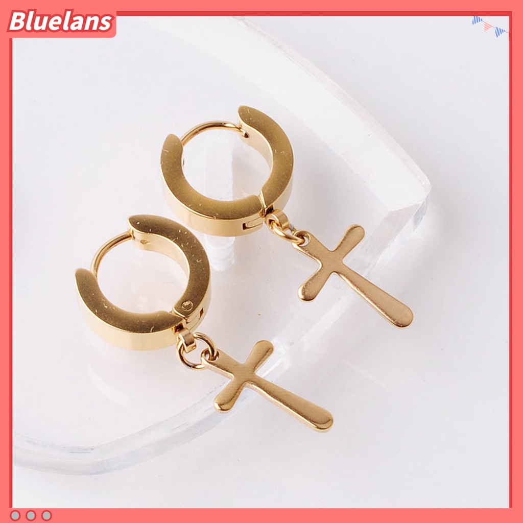 1 Pc Anting Hoop Dangle Cross Bahan Stainless Steel Gaya Korea Untuk Unisex