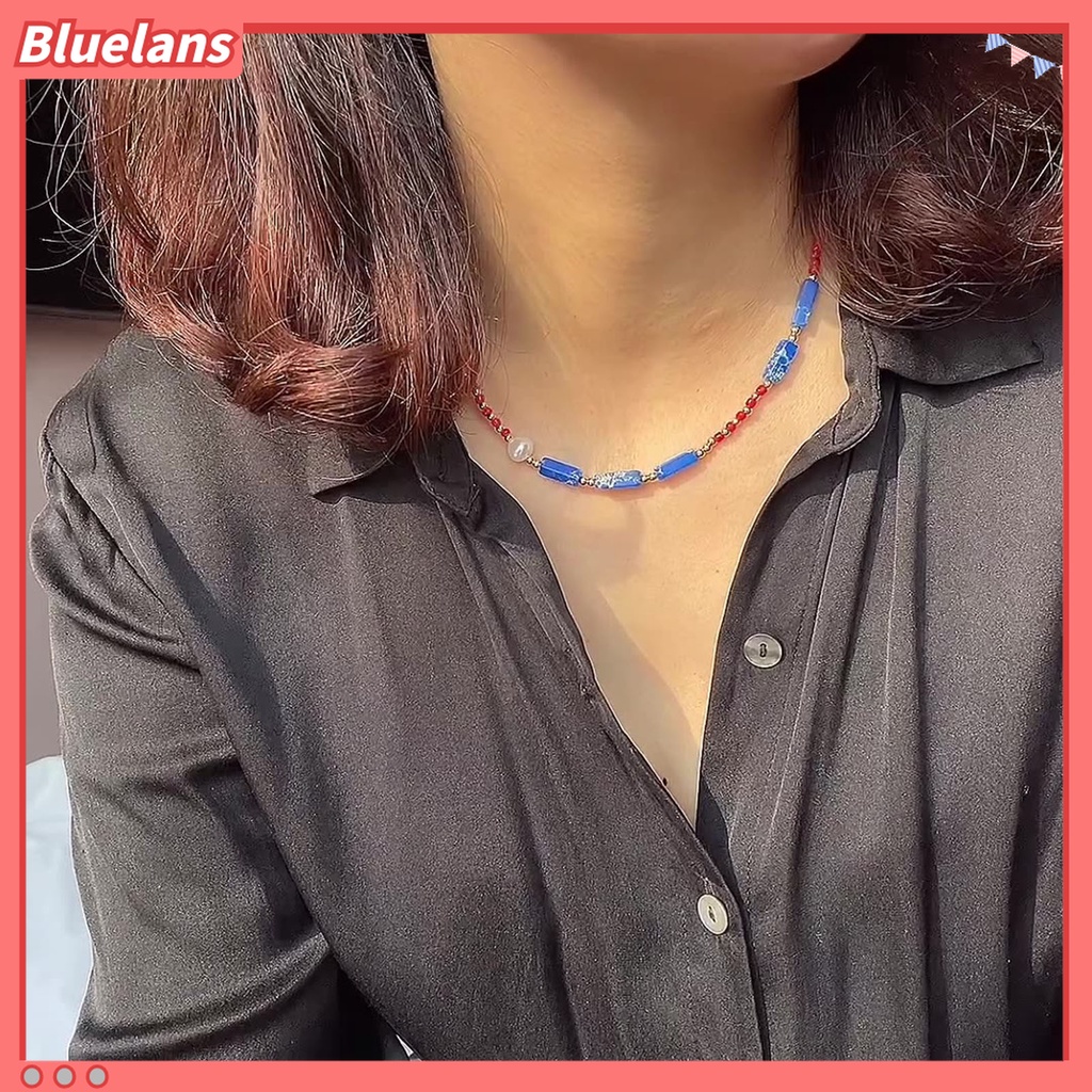 Kalung Choker Rantai Klavikula Manik-Manik Batu Imitasi Biru Gaya Bohemian Untuk Perhiasan Harian