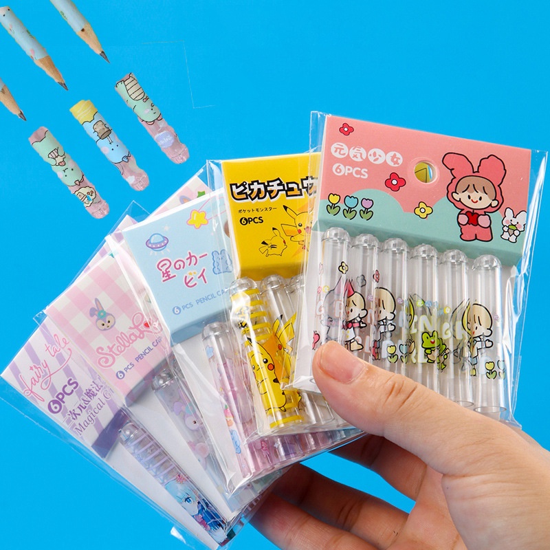 6 Buah/Bungkus Pensil Extender Pensel Kartun Universal Pensil Cap Pensil Pelindung Penutup Pensil Alat Tulis
