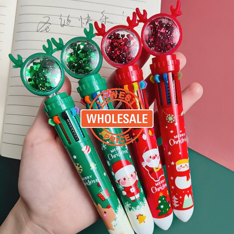 Pulpen Rollerball 0.5mm 10 Warna Motif Kartun Santa Claus / Rusa Natal Untuk Stationery Sekolah / Kantor