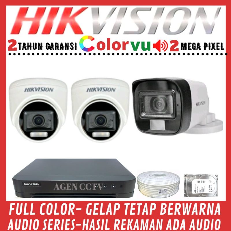 PAKET CCTV HIKVISION COLORVU 2MP 4 CHANNEL 3  KAMERA AUDIO FULL COLOR