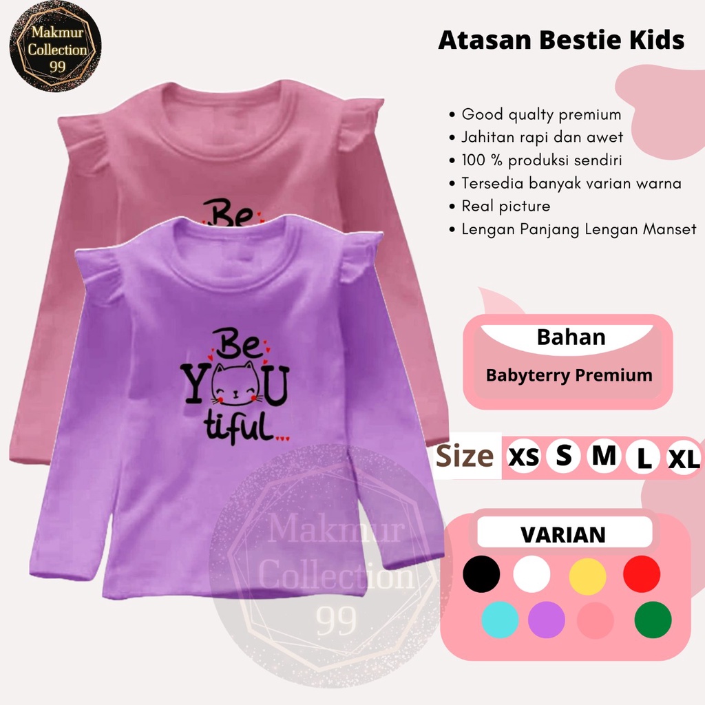 Atasan Kaos Anak Perempuan Lengan Panjang 1-14Tahun Model Kerutan/Atasan Bestie Kids Matt Babyterry/Good Quality