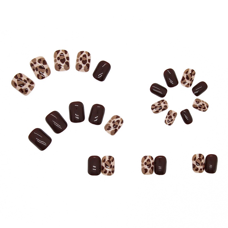 24pcs / Kotak Kuku Palsu Bentuk Kotak Motif Leopard Warna Coklat