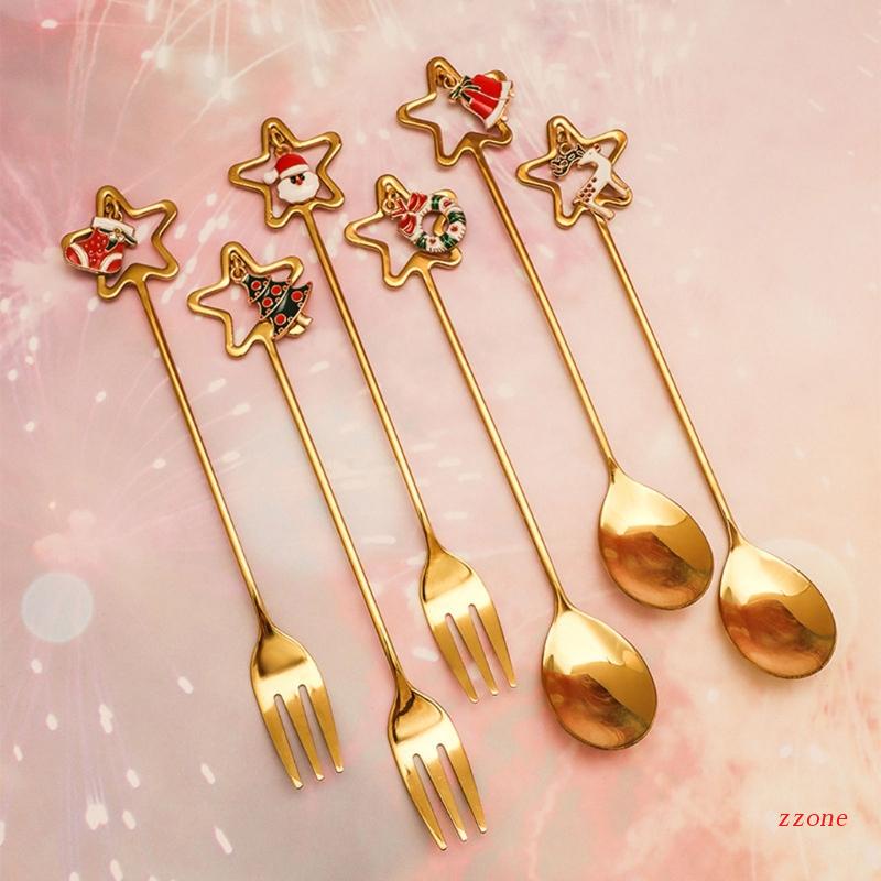 Zzz 4pcs / set Sendok Aduk Bahan Stainless Steel Tema Natal Dengan Kotak Hadiah