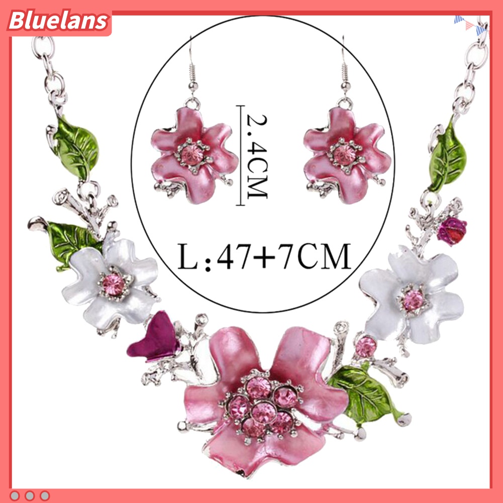 Bluelans Set Anting Dan Kalung Liontin Bunga Berlian Imitasi Warna-Warni Untuk Wanita